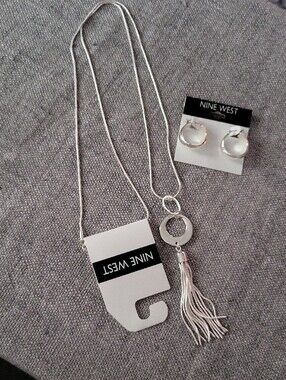 Nine West Silver Tassel Circle Pendant Necklace With Matching Hoop Earrings